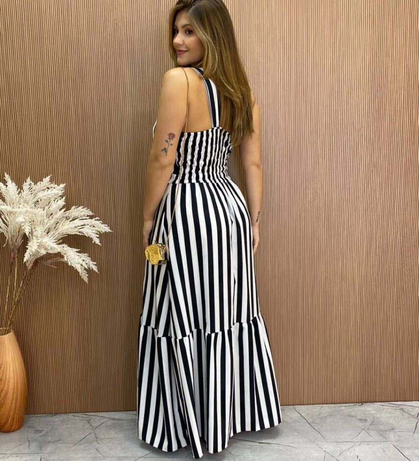 Vestido Longo Antonella com Bojo Nula Manga Listrado Preto - Fernanda Ramos Store