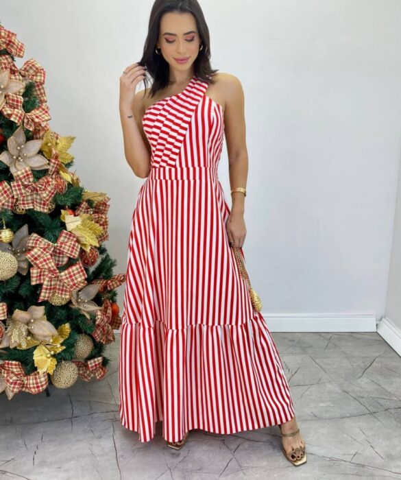 Vestido Longo Antonella com Bojo Nula Manga Listrado Vermelho - Fernanda Ramos Store