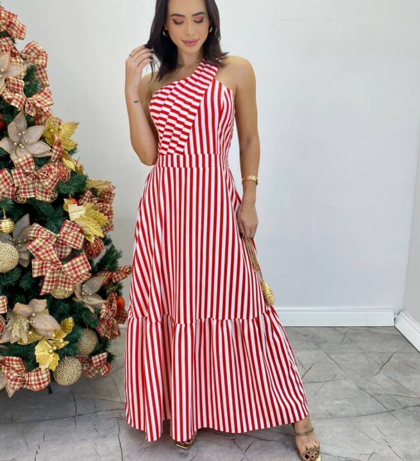 Vestido Longo Antonella com Bojo Nula Manga Listrado Vermelho - Fernanda Ramos Store