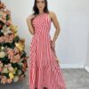 Vestido Longo Antonella com Bojo Nula Manga Listrado Vermelho - Fernanda Ramos Store