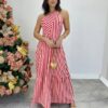 Vestido Longo Antonella com Bojo Nula Manga Listrado Vermelho - Fernanda Ramos Store