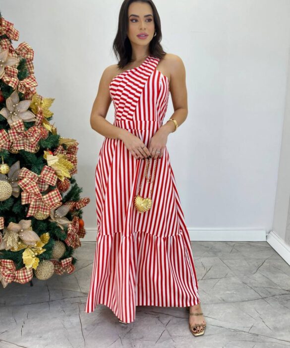 Vestido Longo Antonella com Bojo Nula Manga Listrado Vermelho - Fernanda Ramos Store