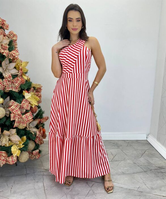 Vestido Longo Antonella com Bojo Nula Manga Listrado Vermelho - Fernanda Ramos Store