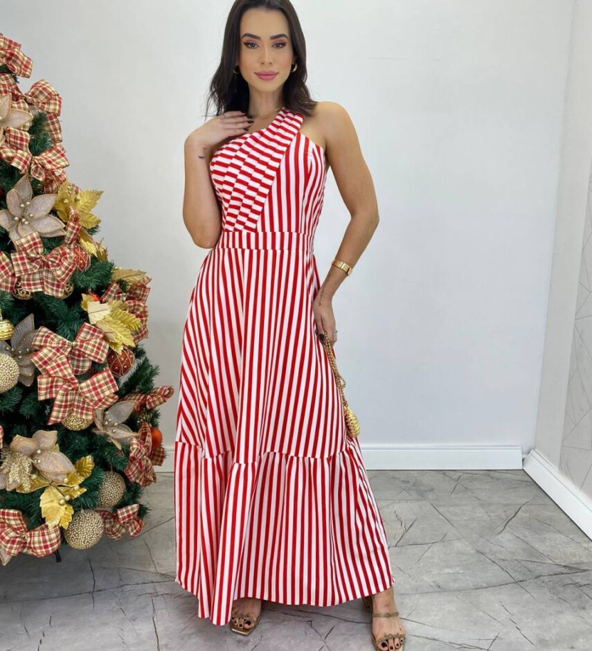 Vestido Longo Antonella com Bojo Nula Manga Listrado Vermelho - Fernanda Ramos Store