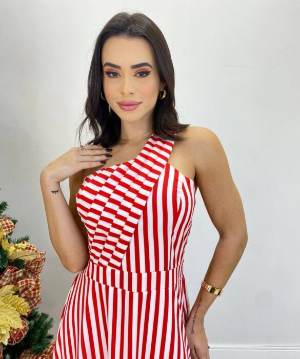 Vestido Longo Antonella com Bojo Nula Manga Listrado Vermelho - Fernanda Ramos Store