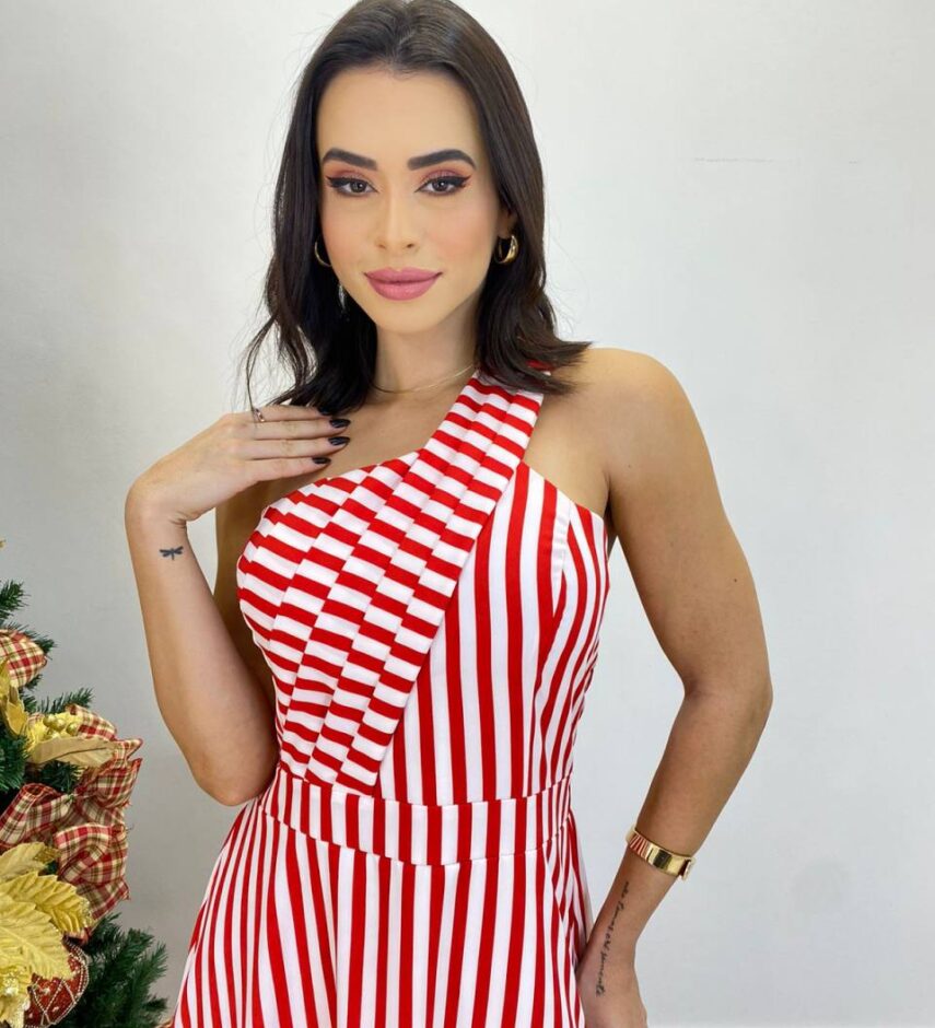 Vestido Longo Antonella com Bojo Nula Manga Listrado Vermelho - Fernanda Ramos Store