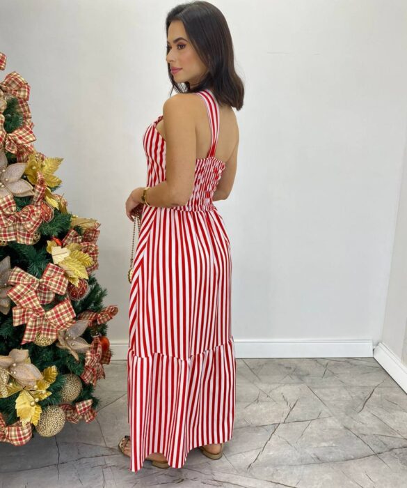 Vestido Longo Antonella com Bojo Nula Manga Listrado Vermelho - Fernanda Ramos Store