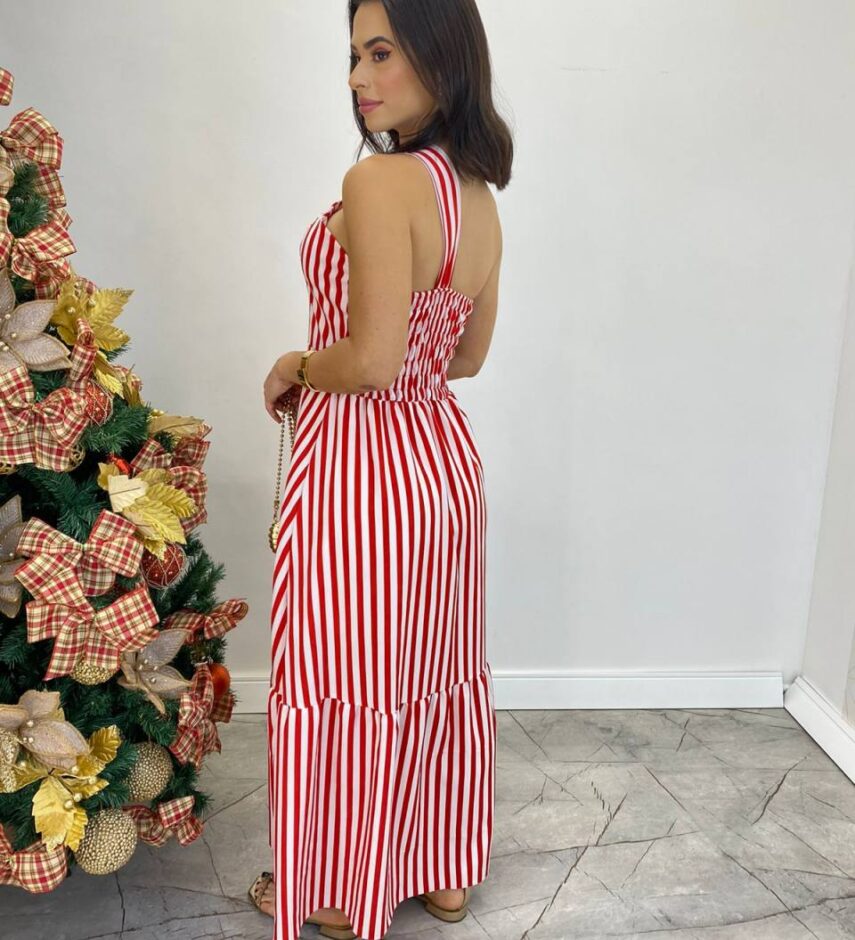 Vestido Longo Antonella com Bojo Nula Manga Listrado Vermelho - Fernanda Ramos Store
