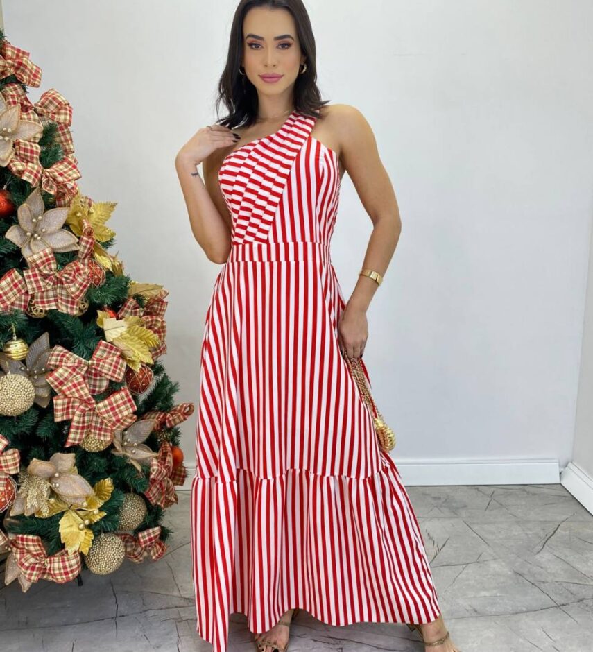 Vestido Longo Antonella com Bojo Nula Manga Listrado Vermelho - Fernanda Ramos Store