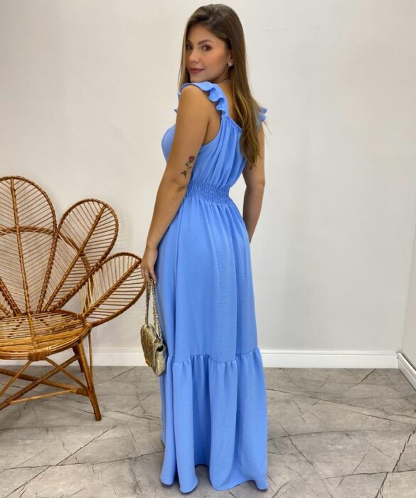 Vestido Longo Bianca Azul Bebê com Bojo Detalhe em Guipir - Fernanda Ramos Store