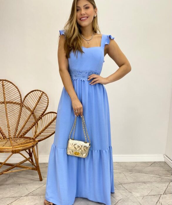 Vestido Longo Bianca Azul Bebê com Bojo Detalhe em Guipir - Fernanda Ramos Store