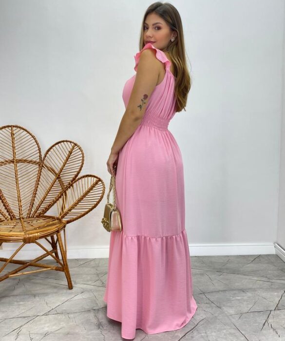 Vestido Longo Bianca Rosa Bebê com Bojo Detalhe em Guipir - Fernanda Ramos Store