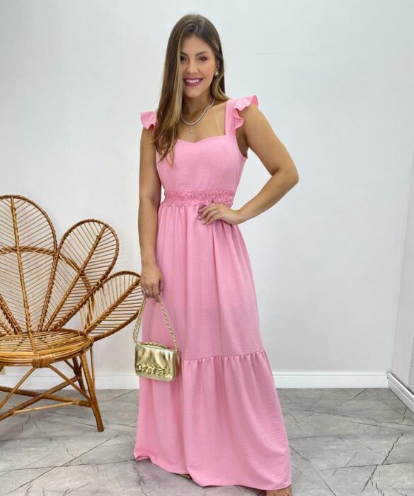 Vestido Longo Bianca Rosa Bebê com Bojo Detalhe em Guipir - Fernanda Ramos Store