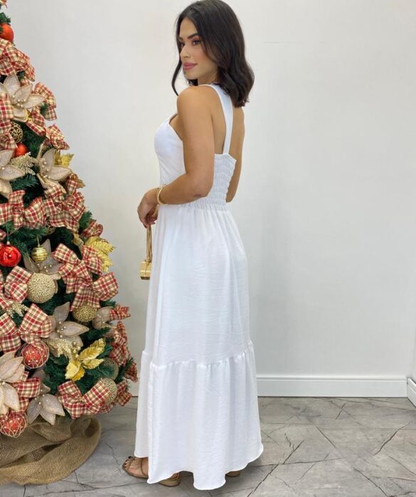 Vestido Longo Branco Ayla com Bojo Nula Manga - Fernanda Ramos Store