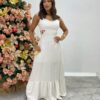 Vestido Longo Branco com Bojo Listrado de Dourado - Fernanda Ramos Store