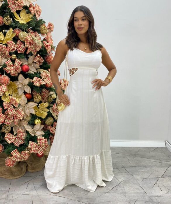 Vestido Longo Branco com Bojo Listrado de Dourado - Fernanda Ramos Store