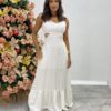 Vestido Longo Branco com Bojo Listrado de Dourado - Fernanda Ramos Store