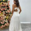 Vestido Longo Branco com Bojo Listrado de Dourado - Fernanda Ramos Store