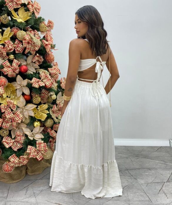 Vestido Longo Branco com Bojo Listrado de Dourado - Fernanda Ramos Store