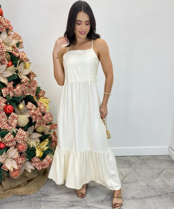 Vestido Longo Catarina sem Bojo com Alça Regulável Creme - Fernanda Ramos Store