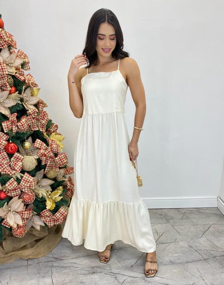 Vestido Longo Catarina sem Bojo com Alça Regulável Creme - Fernanda Ramos Store