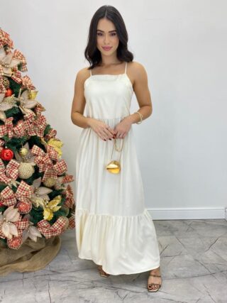 Vestido Longo Catarina sem Bojo com Alça Regulável Creme - Fernanda Ramos Store