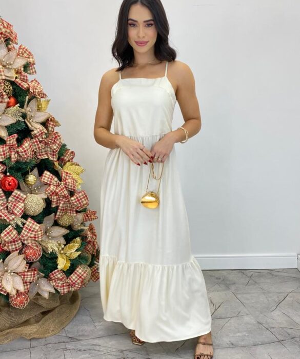 Vestido Longo Catarina sem Bojo com Alça Regulável Creme - Fernanda Ramos Store