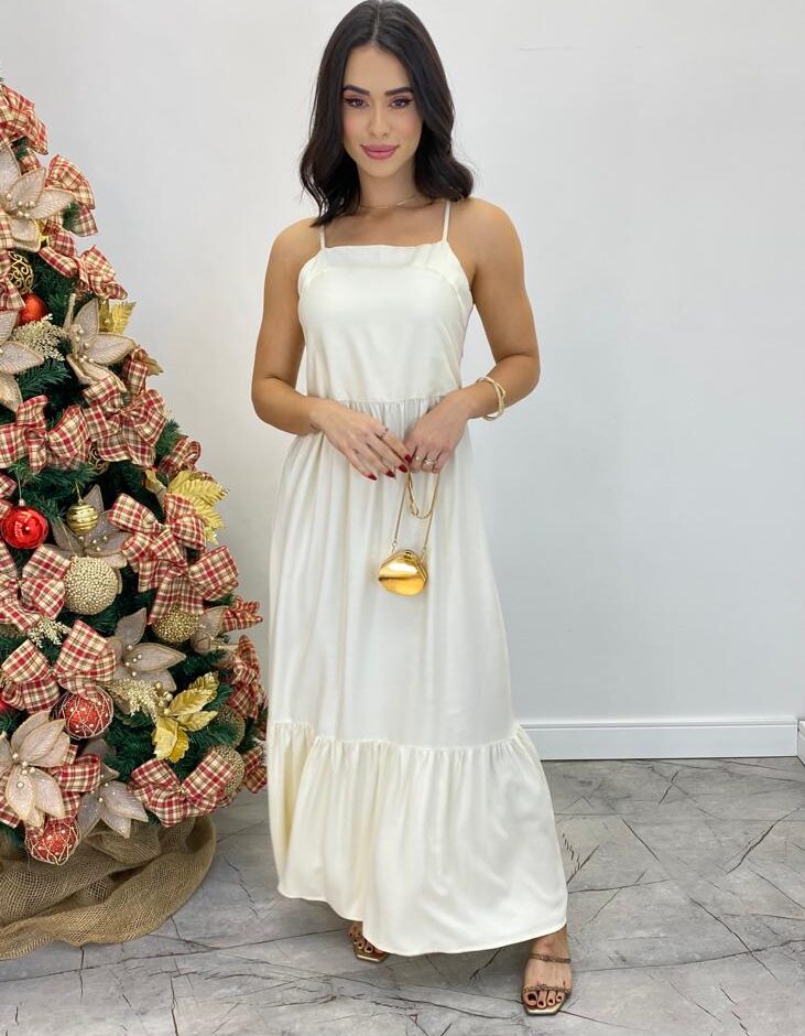 Vestido Longo Catarina sem Bojo com Alça Regulável Creme - Fernanda Ramos Store