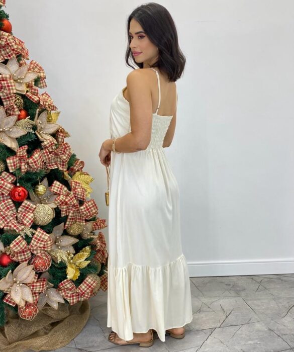 Vestido Longo Catarina sem Bojo com Alça Regulável Creme - Fernanda Ramos Store