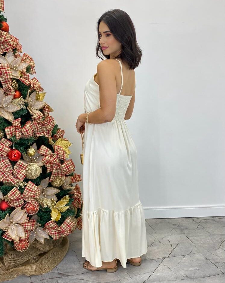 Vestido Longo Catarina sem Bojo com Alça Regulável Creme - Fernanda Ramos Store