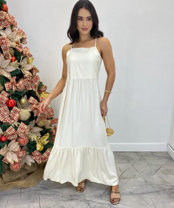 Vestido Longo Catarina sem Bojo com Alça Regulável Creme - Fernanda Ramos Store