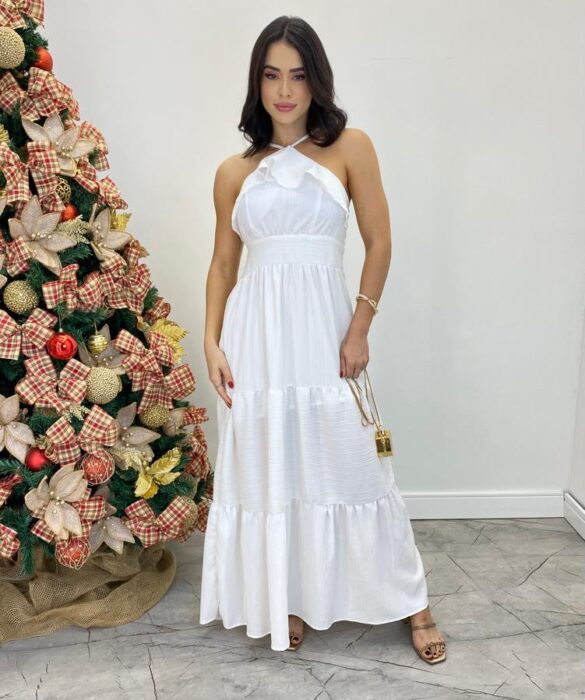 Vestido Longo Cecília Branco Alça Regulável com Bojo Detalhe de Babado - Fernanda Ramos Store