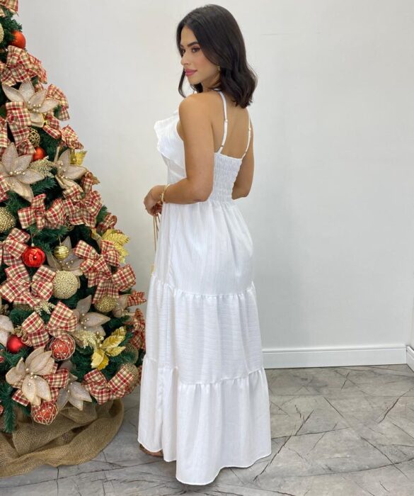 Vestido Longo Cecília Branco Alça Regulável com Bojo Detalhe de Babado - Fernanda Ramos Store