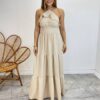 Vestido Longo Cecília Nude Alça Regulável com Bojo Detalhe de Babado - Fernanda Ramos Store