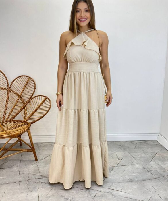 Vestido Longo Cecília Nude Alça Regulável com Bojo Detalhe de Babado - Fernanda Ramos Store