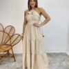 Vestido Longo Cecília Nude Alça Regulável com Bojo Detalhe de Babado - Fernanda Ramos Store