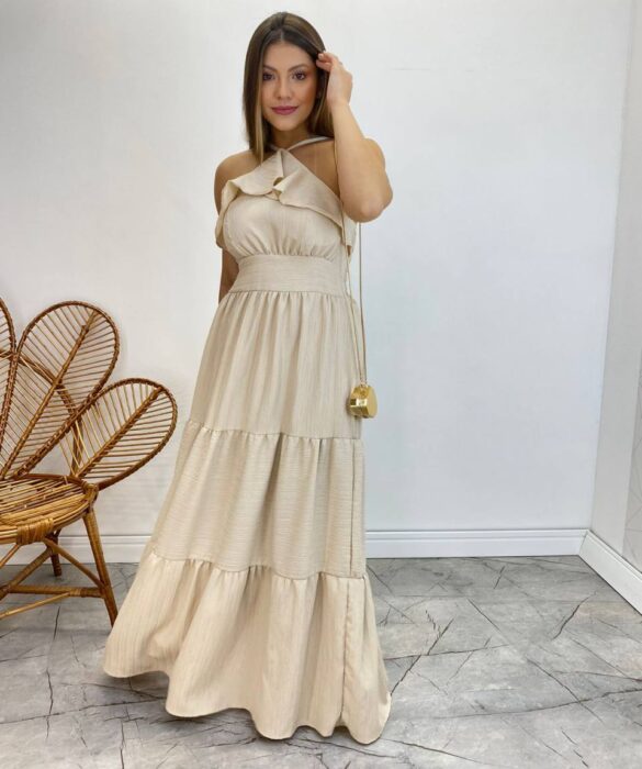 Vestido Longo Cecília Nude Alça Regulável com Bojo Detalhe de Babado - Fernanda Ramos Store