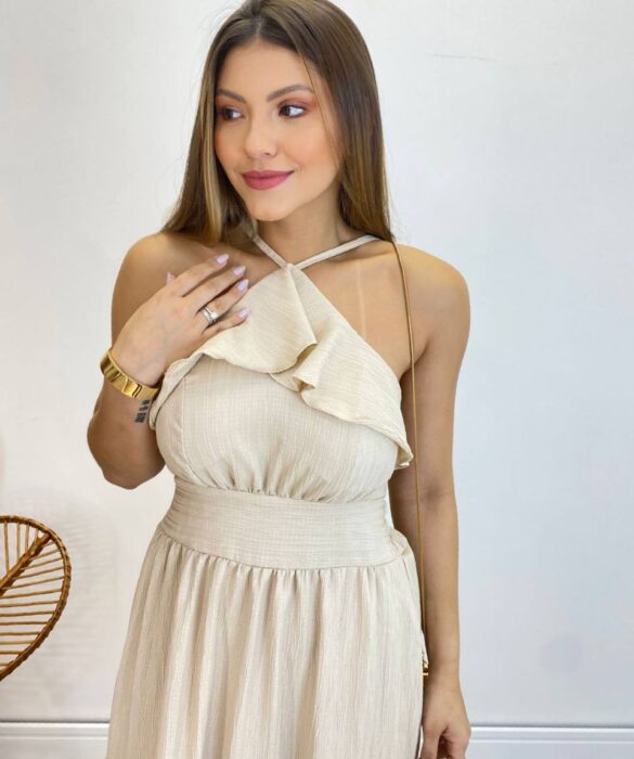 Vestido Longo Cecília Nude Alça Regulável com Bojo Detalhe de Babado - Fernanda Ramos Store