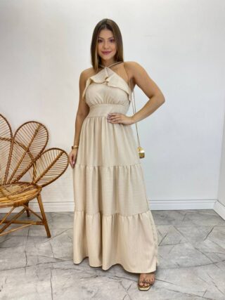 Vestido Longo Cecília Nude Alça Regulável com Bojo Detalhe de Babado - Fernanda Ramos Store