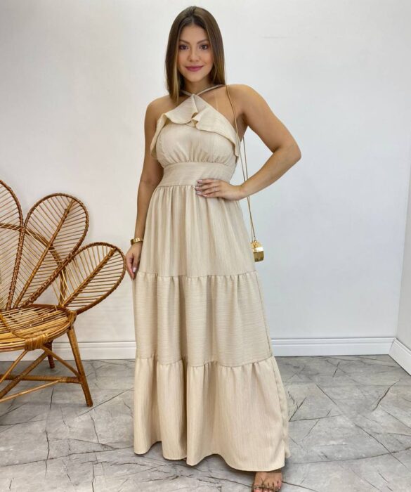 Vestido Longo Cecília Nude Alça Regulável com Bojo Detalhe de Babado - Fernanda Ramos Store