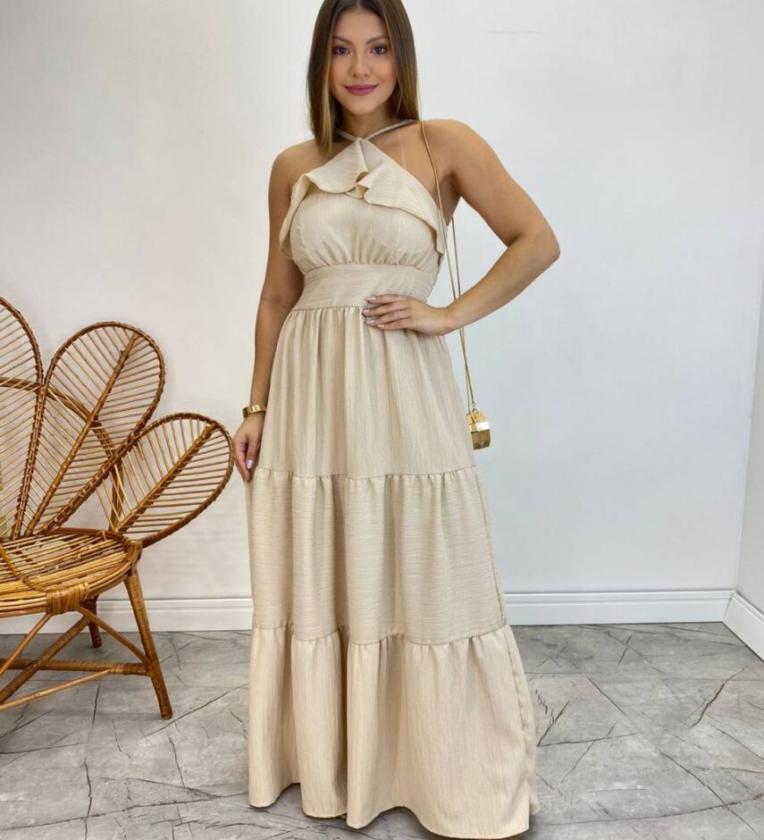 Vestido Longo Cecília Nude Alça Regulável com Bojo Detalhe de Babado - Fernanda Ramos Store