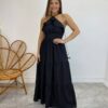 Vestido Longo Cecília Preto Alça Regulável com Bojo Detalhe de Babado - Fernanda Ramos Store