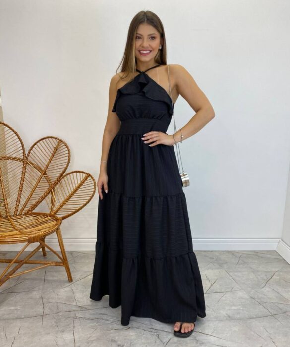 Vestido Longo Cecília Preto Alça Regulável com Bojo Detalhe de Babado - Fernanda Ramos Store