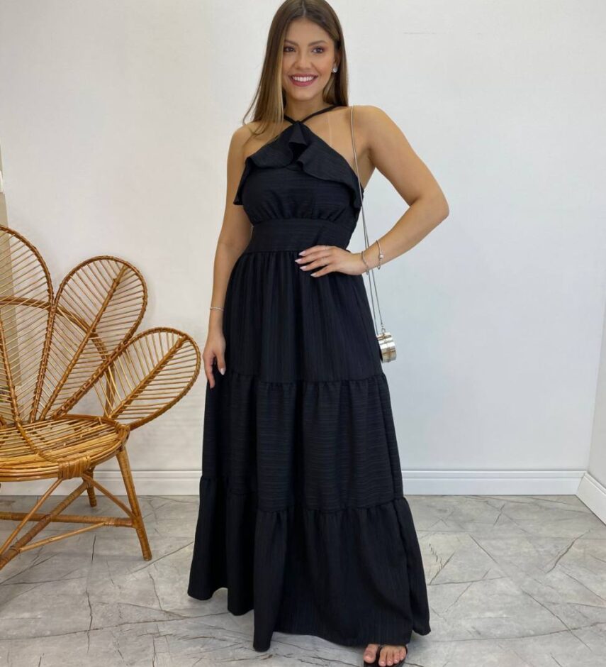 Vestido Longo Cecília Preto Alça Regulável com Bojo Detalhe de Babado - Fernanda Ramos Store