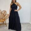 Vestido Longo Cecília Preto Alça Regulável com Bojo Detalhe de Babado - Fernanda Ramos Store