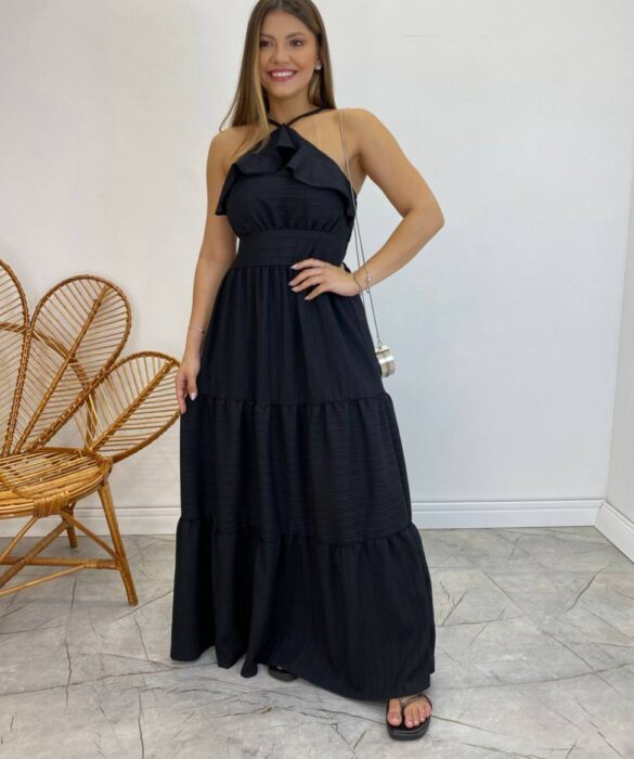 Vestido Longo Cecília Preto Alça Regulável com Bojo Detalhe de Babado - Fernanda Ramos Store