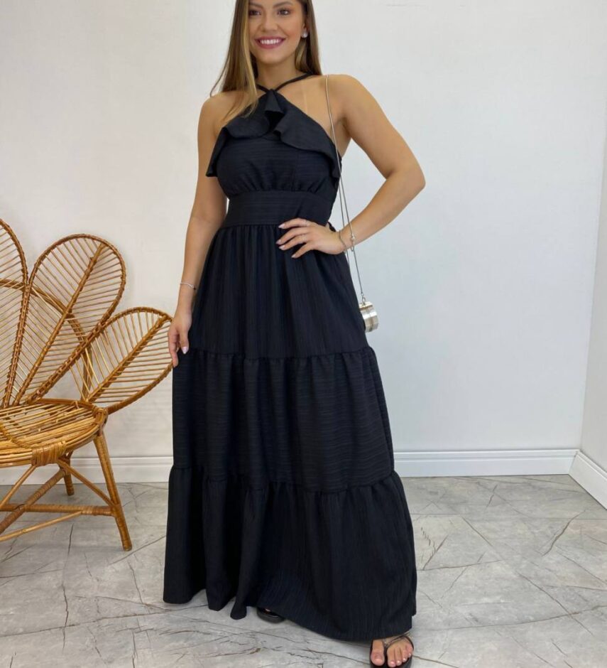 Vestido Longo Cecília Preto Alça Regulável com Bojo Detalhe de Babado - Fernanda Ramos Store