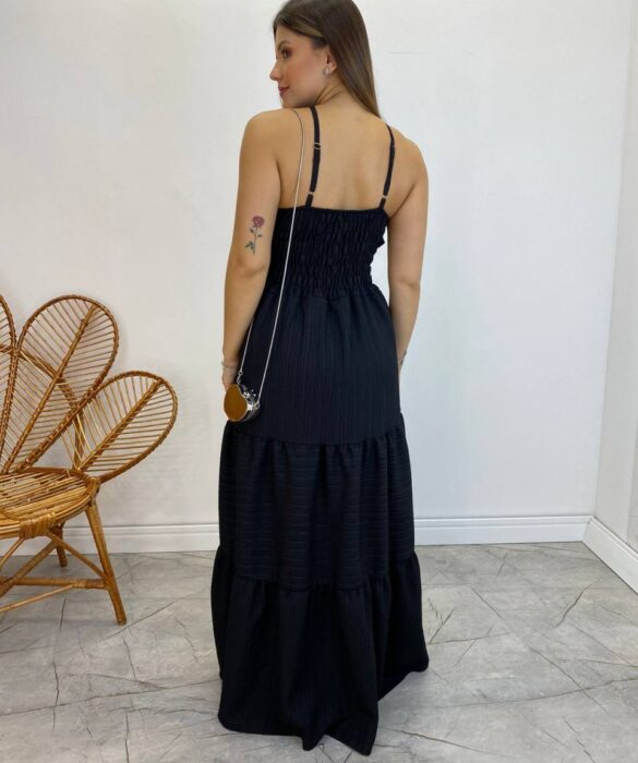 Vestido Longo Cecília Preto Alça Regulável com Bojo Detalhe de Babado - Fernanda Ramos Store