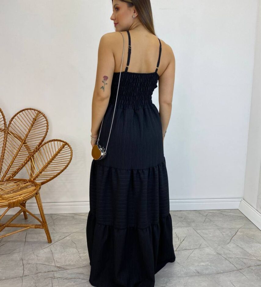 Vestido Longo Cecília Preto Alça Regulável com Bojo Detalhe de Babado - Fernanda Ramos Store