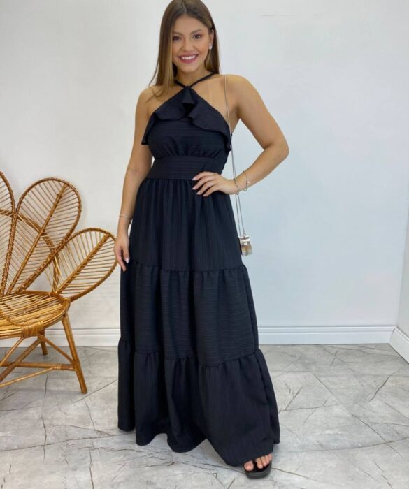 Vestido Longo Cecília Preto Alça Regulável com Bojo Detalhe de Babado - Fernanda Ramos Store